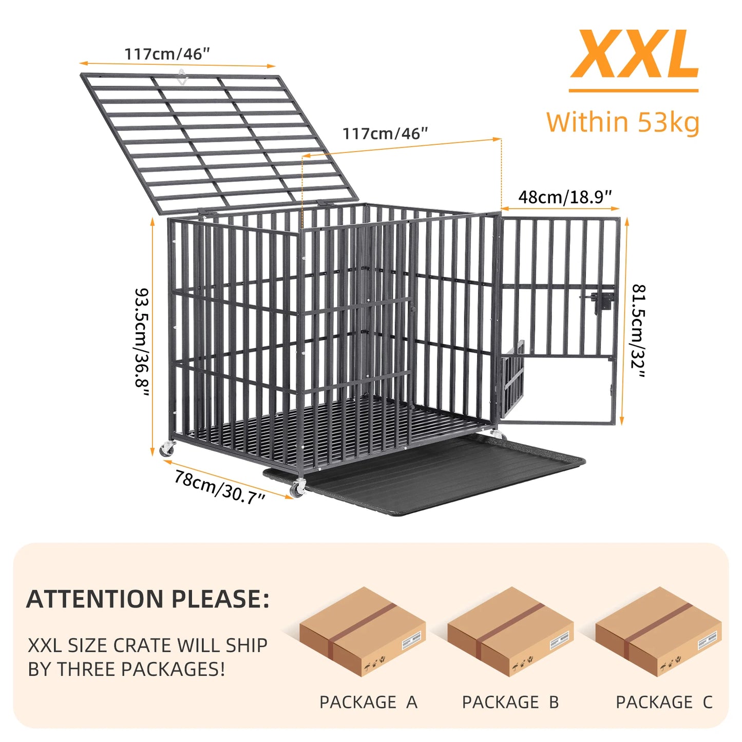 BINGOPAW Heavy Duty Dog Crate With 4 Lockable Wheels And 3 Doors Tray