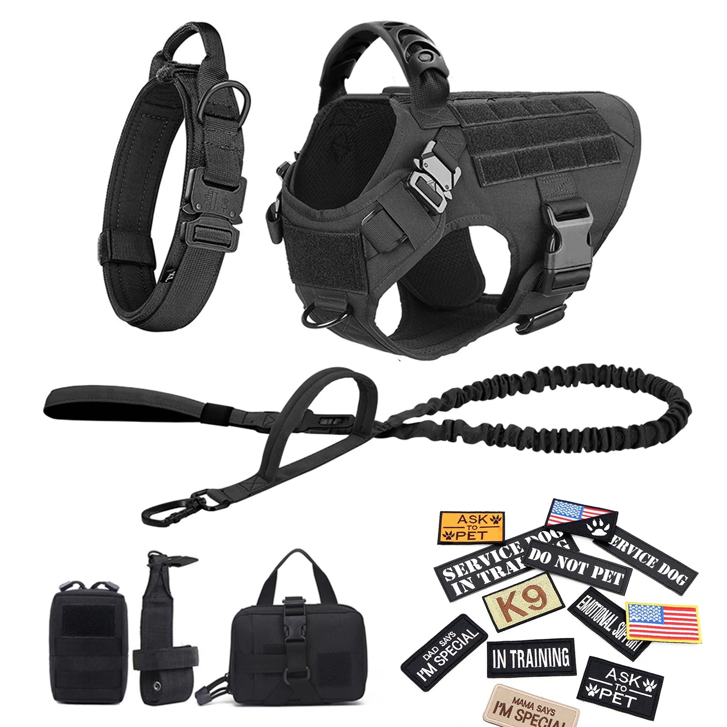 Military Large Dog Harness Collar Leash Bags Patches Set Pet Malinois Training Vests Dogs Harnesses Accessories