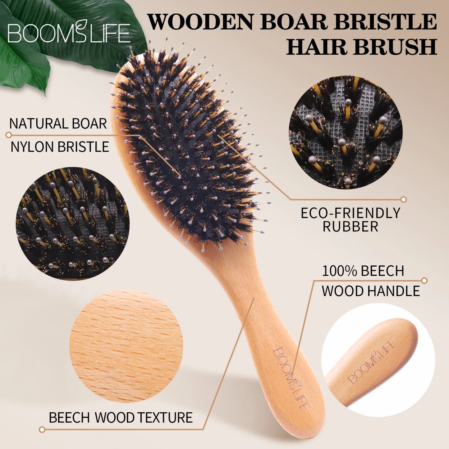 BOOMSLIFE Boar Bristle Hair Brush Anti Static Detangling Wood Comb