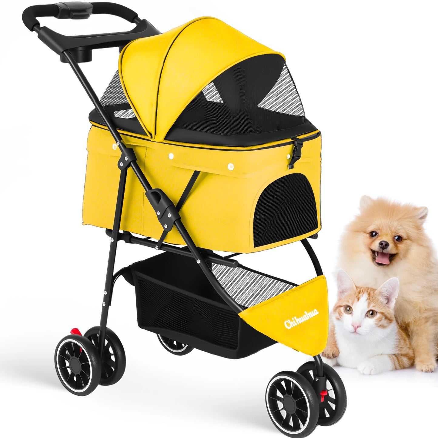 Portable Foldable Pet Stroller for Small Dogs & Cats, Travel Carrier with Canopy, Storage Basket