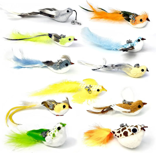 11 PCS Realistic Bird Cat Toy with Bells & Clip for Interactive Play and Home Decoration