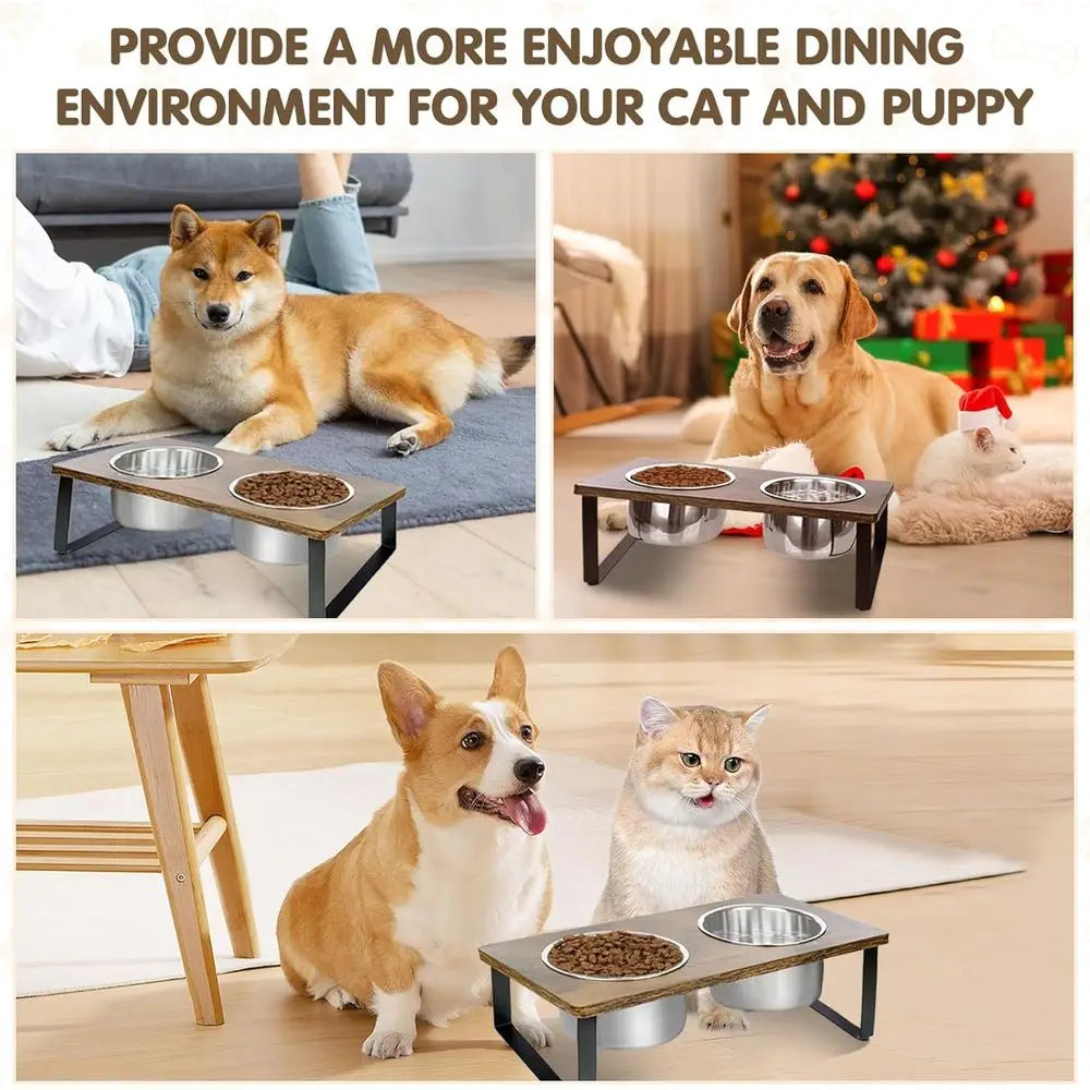 Elevated Wood Dog Feeding Stand Stainless Steel Bowls Anti Vomiting