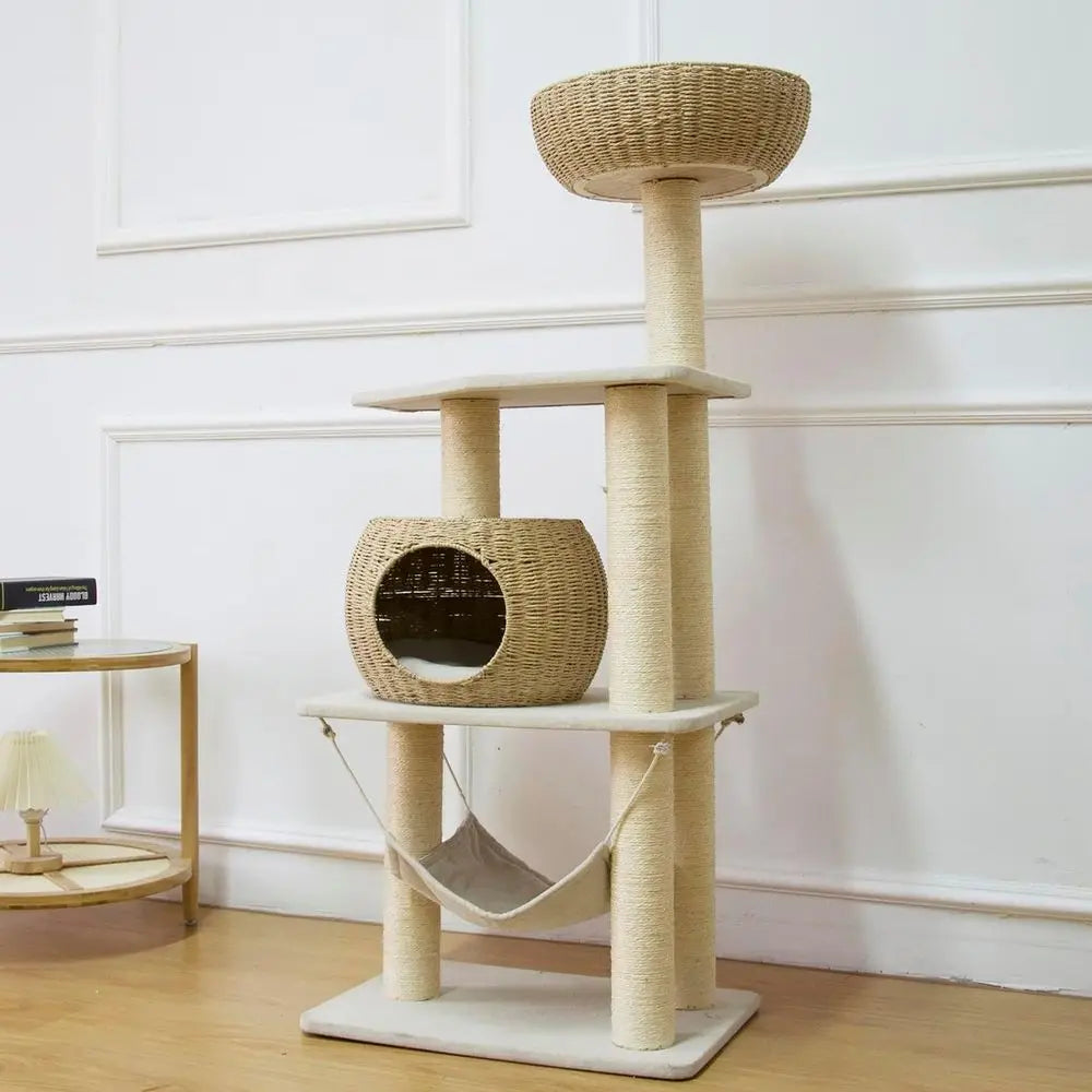 Wood Cat Tree or Indoor Cats, 52.4 Inch Tall, with Scratching Post and Hammock