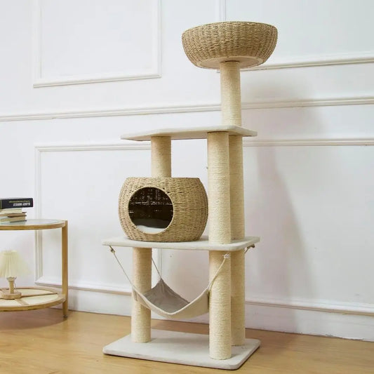 Wood Cat Tree or Indoor Cats, 52.4 Inch Tall, with Scratching Post and Hammock