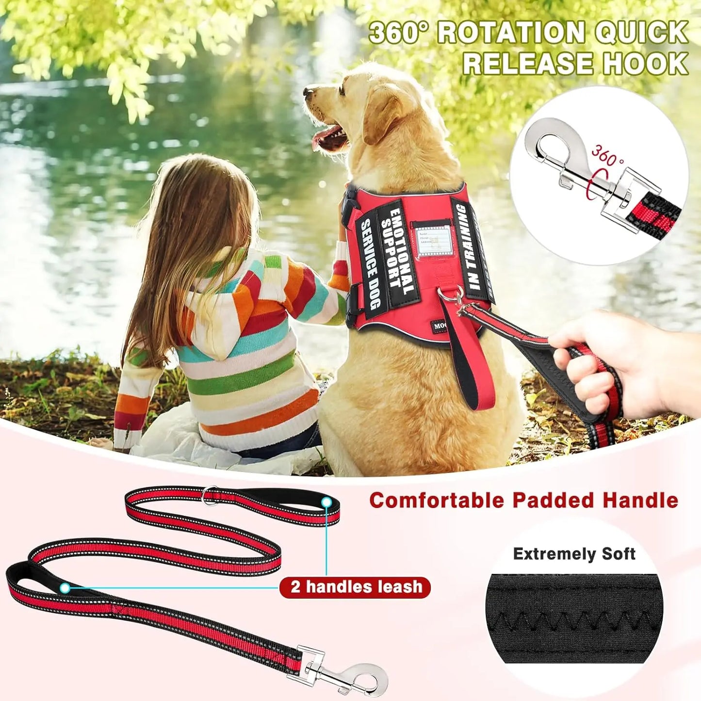 Adjustable No-Pull Dog Harness with Leash & Patches, Reflective Padded Handle for Training, Fits Small to XL Dogs in Red