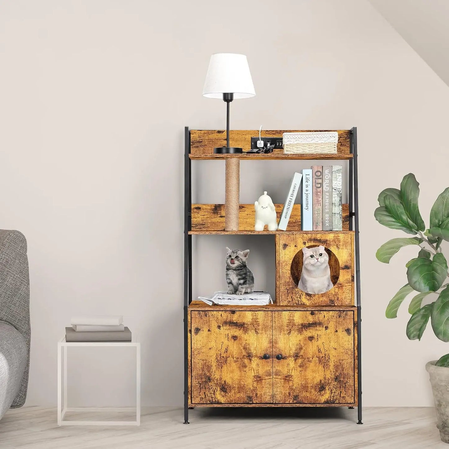 Cat Litter Box Enclosure With Storage Shelves And Charging Station