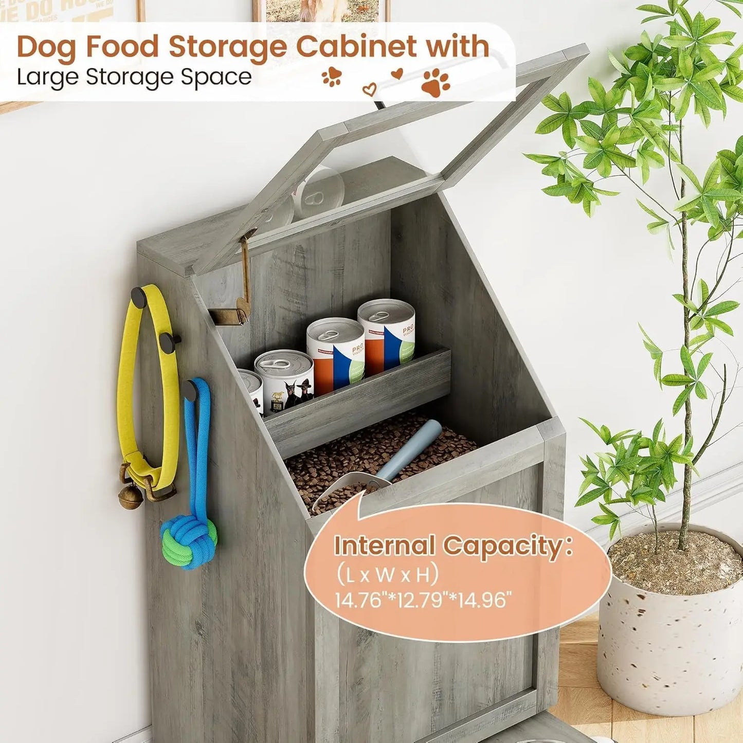 Dog Food Station with Storage,Pet Feeding Station with Raised Bowls,Dog Food Storage Cabinet with Hanger for Feeding