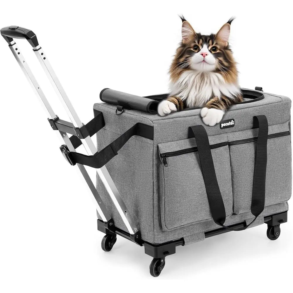 Cat Carrier with Wheels,Steel Wire Frame Cat Carrier, Stable Pet Trolley Bag for Cats, Pet Handbag and Stroller Bag, Portable Ca
