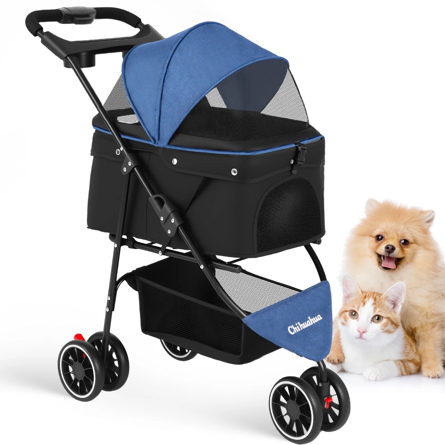 Portable Foldable Pet Stroller for Small Dogs & Cats, Travel Carrier with Canopy, Storage Basket