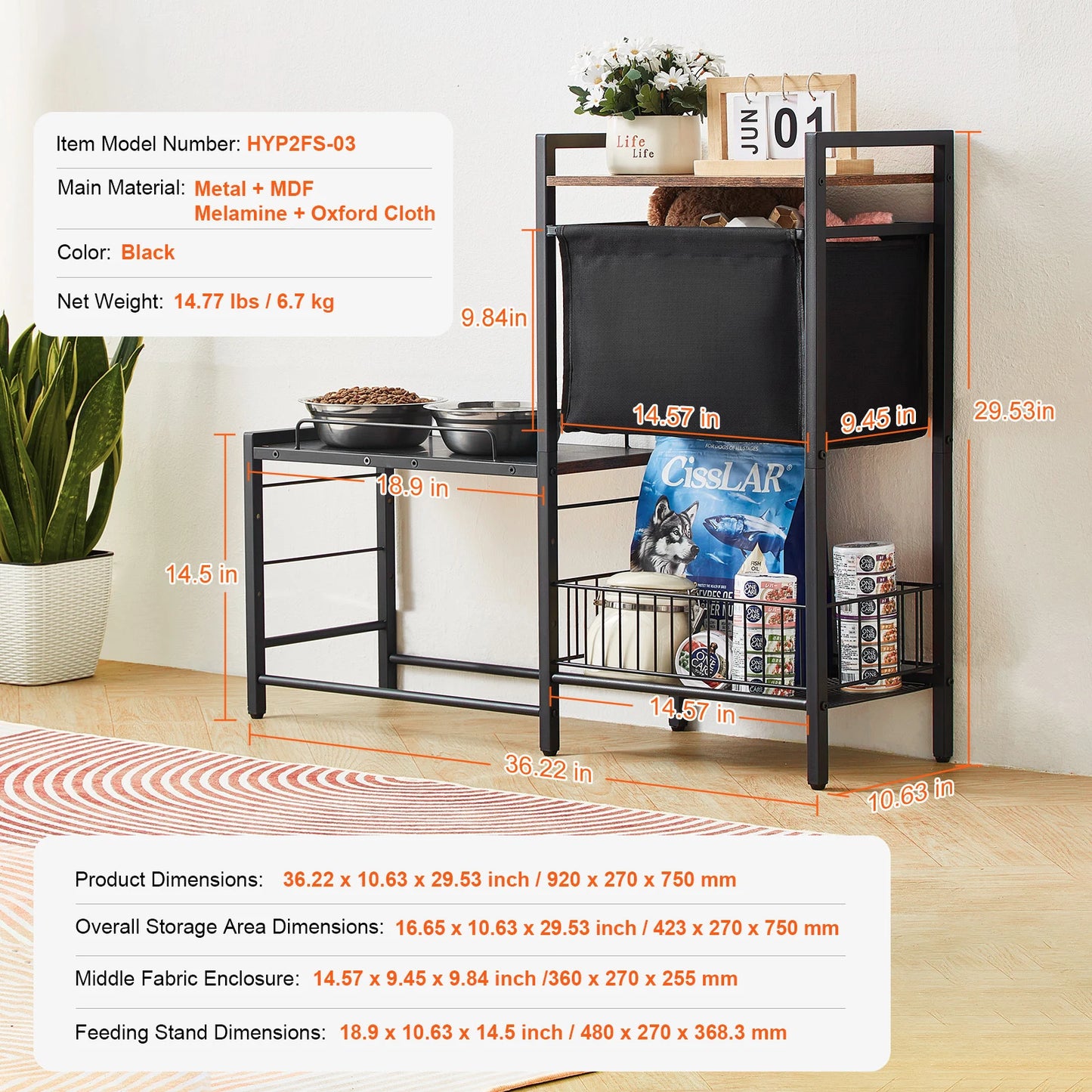 Double Cup Metal Elevated Dog Bowl Station Storage Shelves Organizer