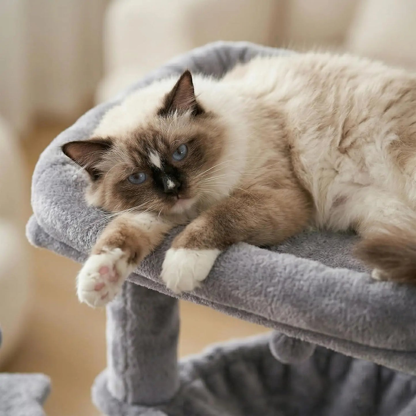 Cat Tree with Cat Condo and Hammock for Indoor Cats, Cat Tree with Self-Grooming Brush and Toy Balls