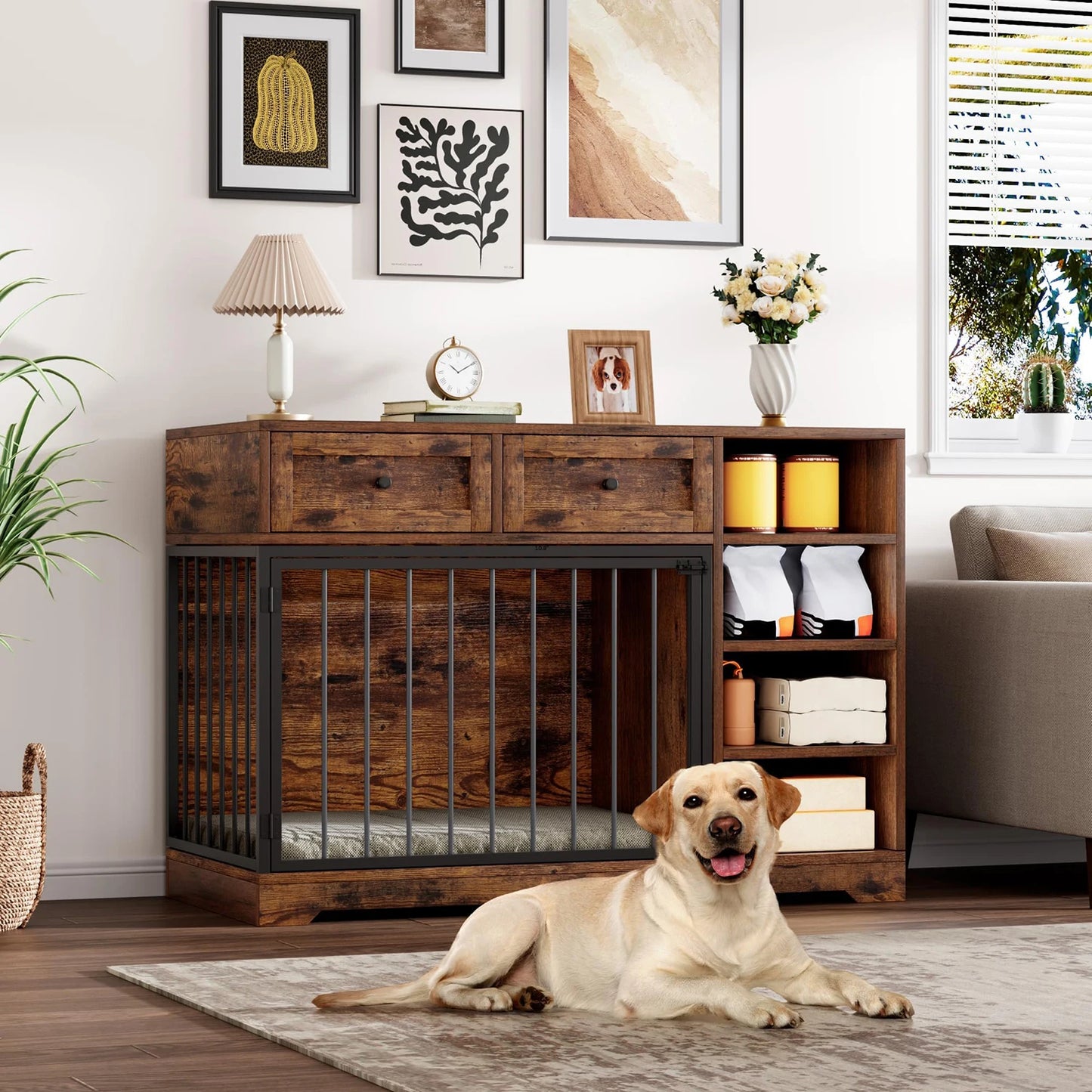 HiMISS Vintage Wooden Dog Crate Furniture TV Stand With Drawers