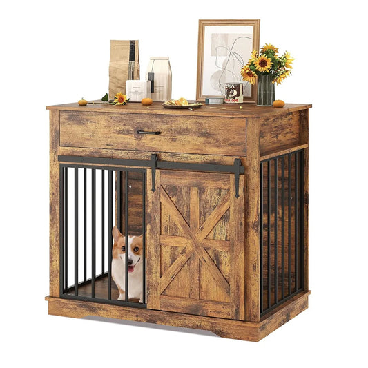 37.8" Farmhouse Dog Crate Furniture 2-in-1 Iron-Wood Dog Cage End Table With Sliding Barn Doors & Drawer For Small Medium Dogs