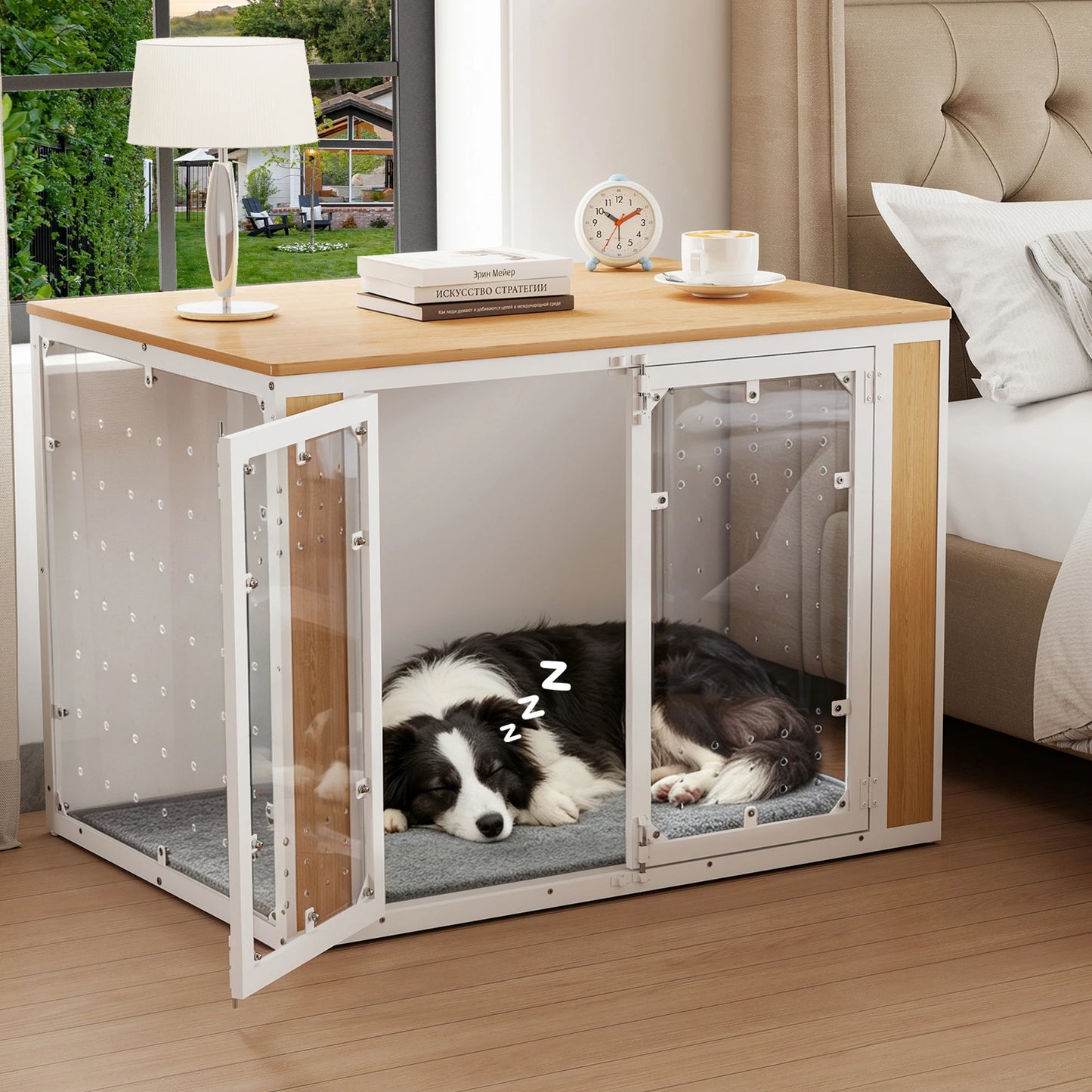 Modern Acrylic Dog Crate Furniture End Table With Wood Top