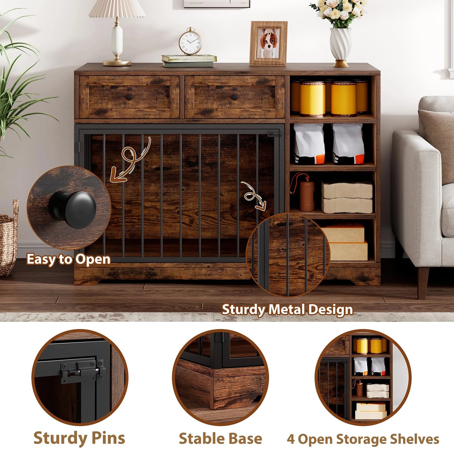 HiMISS Vintage Wooden Dog Crate Furniture TV Stand With Drawers