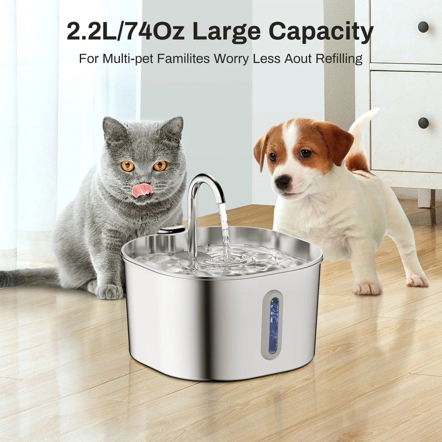 Square Stainless Steel Automatic Cat Water Fountain With Window