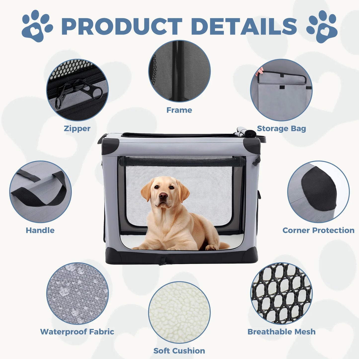 JHK 600D Oxford Foldable Dog Crate With Three Doors Portable Kennel