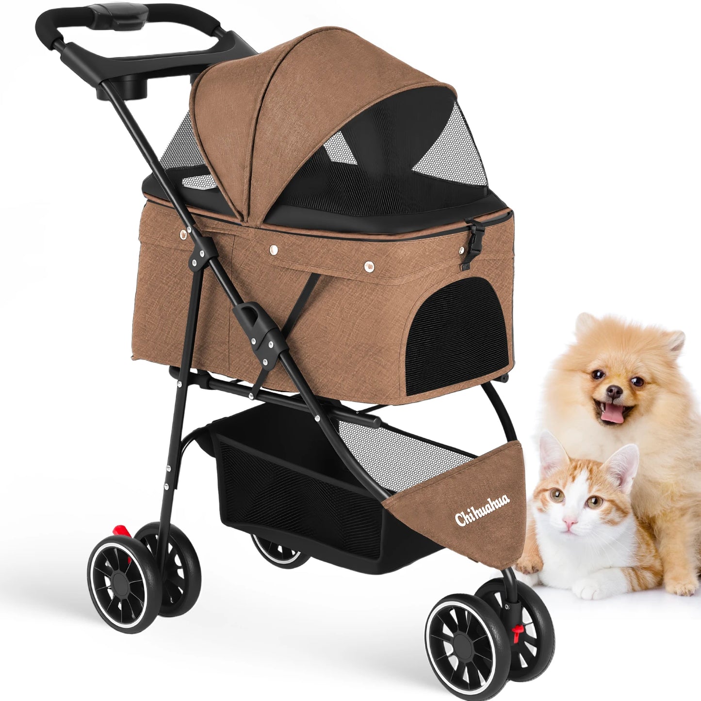 Portable Foldable Pet Stroller for Small Dogs & Cats, Travel Carrier with Canopy, Storage Basket