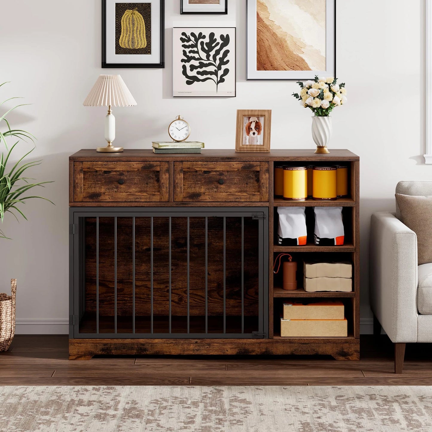 HiMISS Vintage Wooden Dog Crate Furniture TV Stand With Drawers