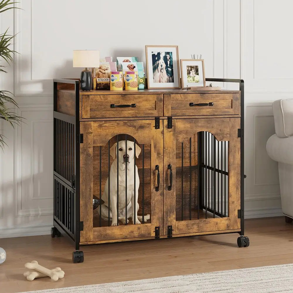 Wooden Dog Crate Furniture End Table With Storage Drawers For Small Dogs