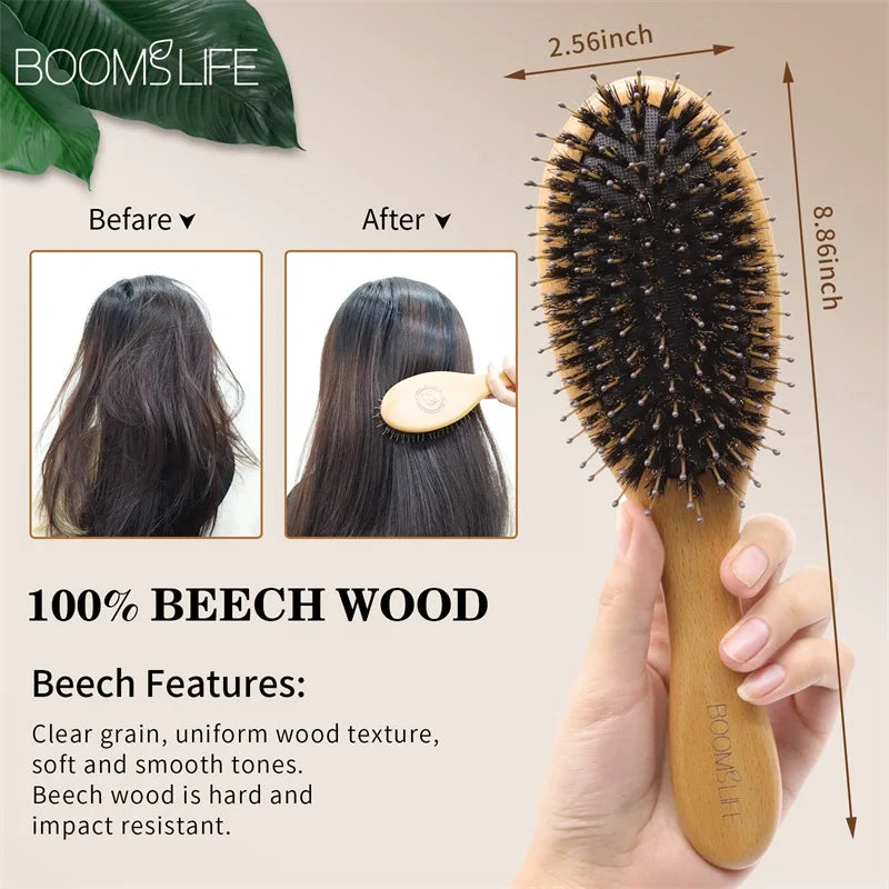 BOOMSLIFE Boar Bristle Hair Brush Anti Static Detangling Wood Comb