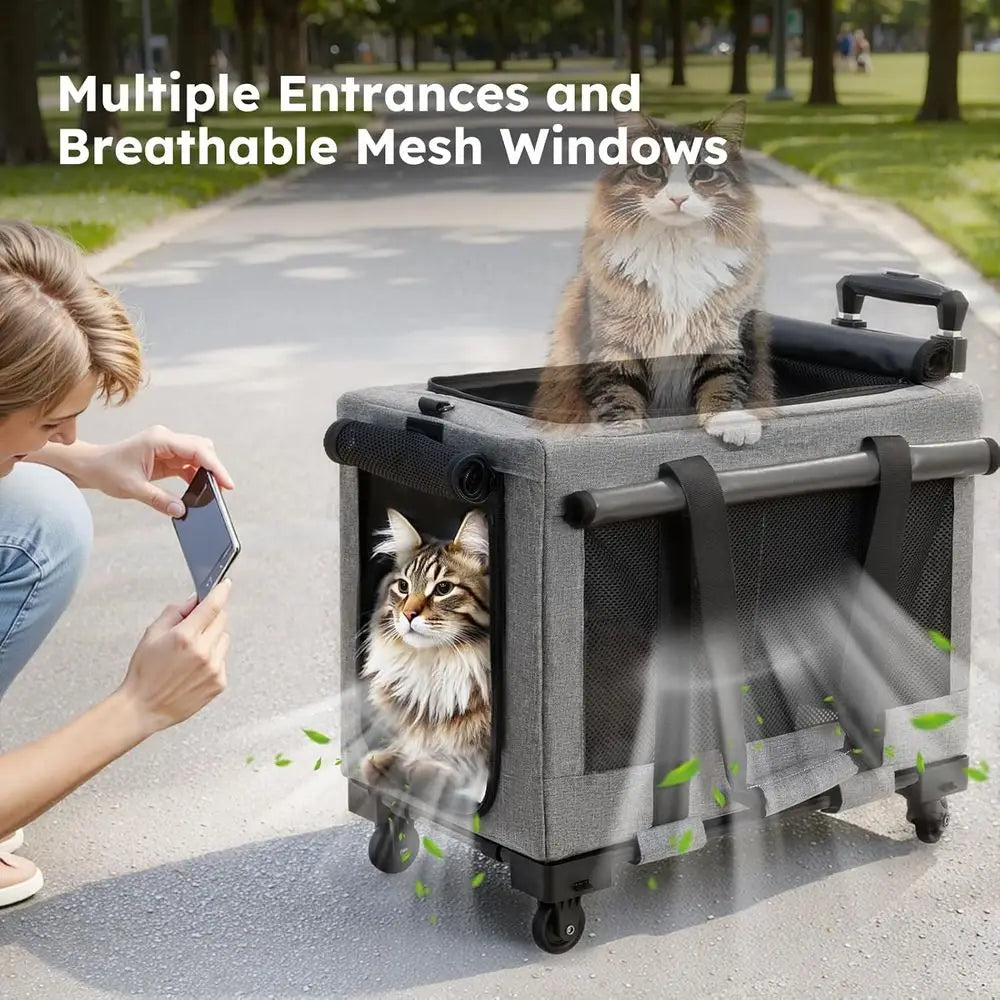 Cat Carrier with Wheels,Steel Wire Frame Cat Carrier, Stable Pet Trolley Bag for Cats, Pet Handbag and Stroller Bag, Portable Ca