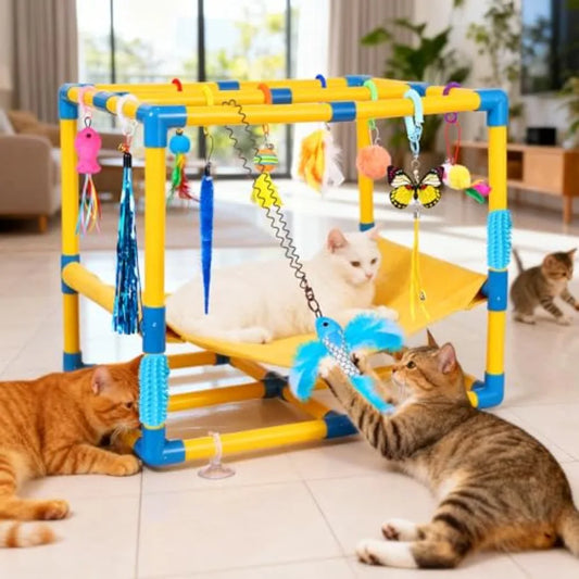 Cat Jungle Gym with Hanging Interactive Toys for Indoor Cats Removable PVC Frame with Colored Spring Rope Cat Enrichment Activi