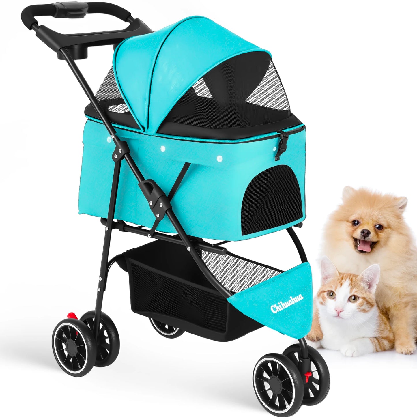 Portable Foldable Pet Stroller for Small Dogs & Cats, Travel Carrier with Canopy, Storage Basket