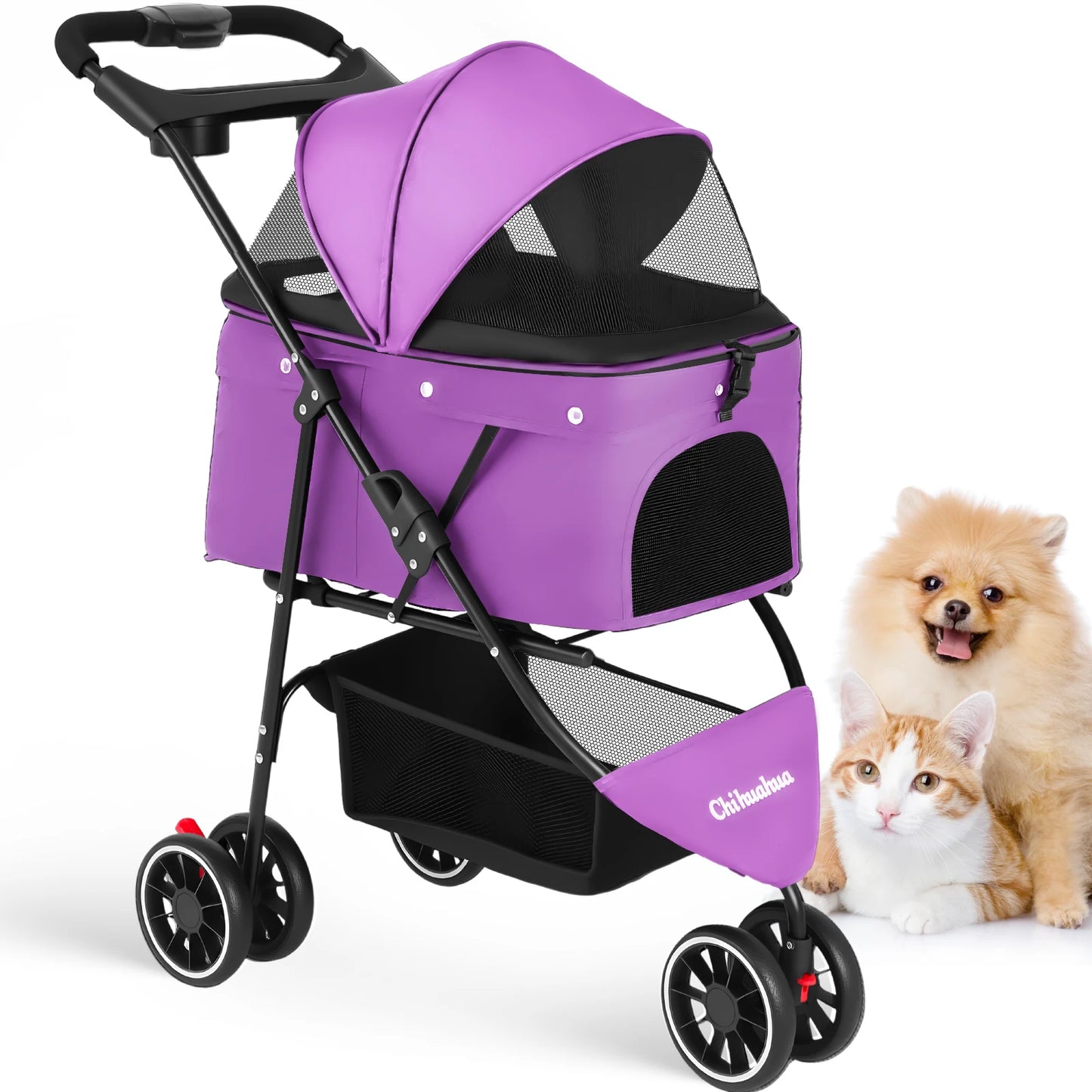 Portable Foldable Pet Stroller for Small Dogs & Cats, Travel Carrier with Canopy, Storage Basket
