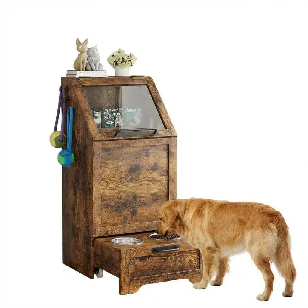 Dog Food Station with Storage,Pet Feeding Station with Raised Bowls,Dog Food Storage Cabinet with Hanger for Feeding