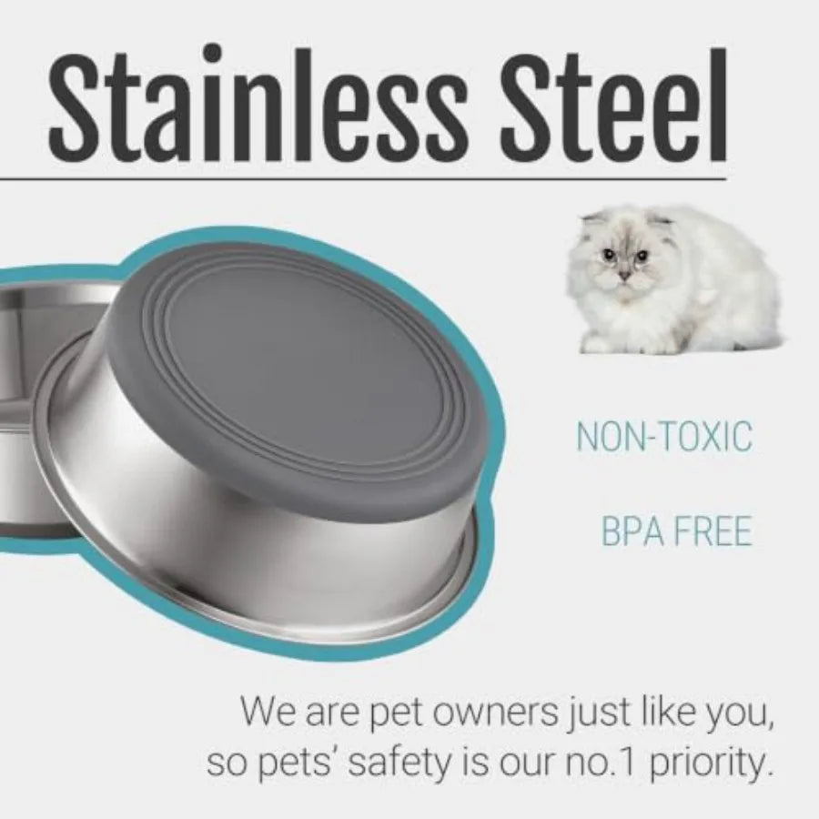Stainless Steel Dog Cat Bowls Nonslip Silicone Bottoms Dishwasher Safe