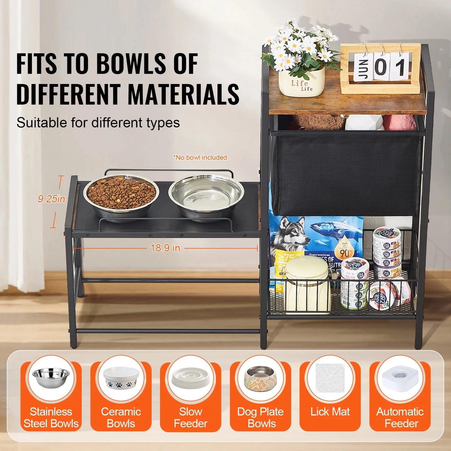 Double Cup Metal Elevated Dog Bowl Station Storage Shelves Organizer