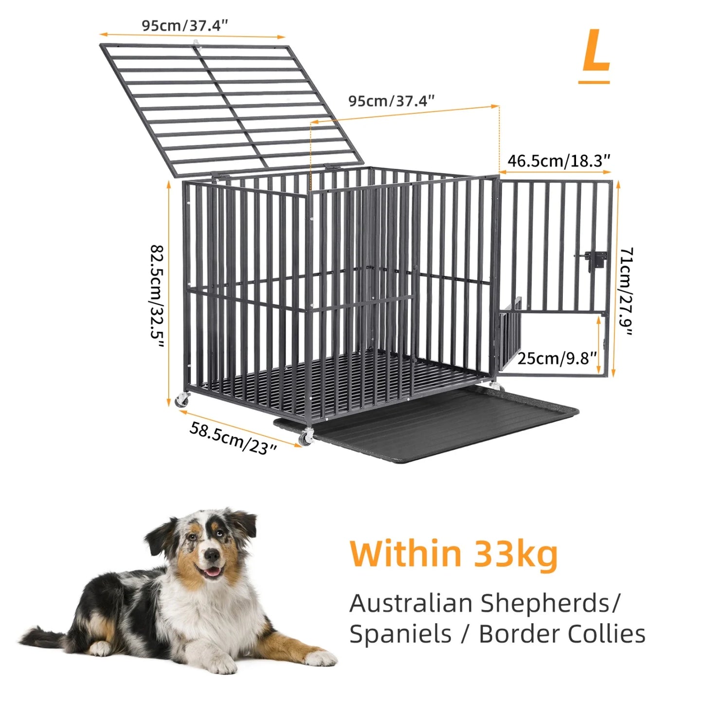 BINGOPAW Heavy Duty Dog Crate With 4 Lockable Wheels And 3 Doors Tray