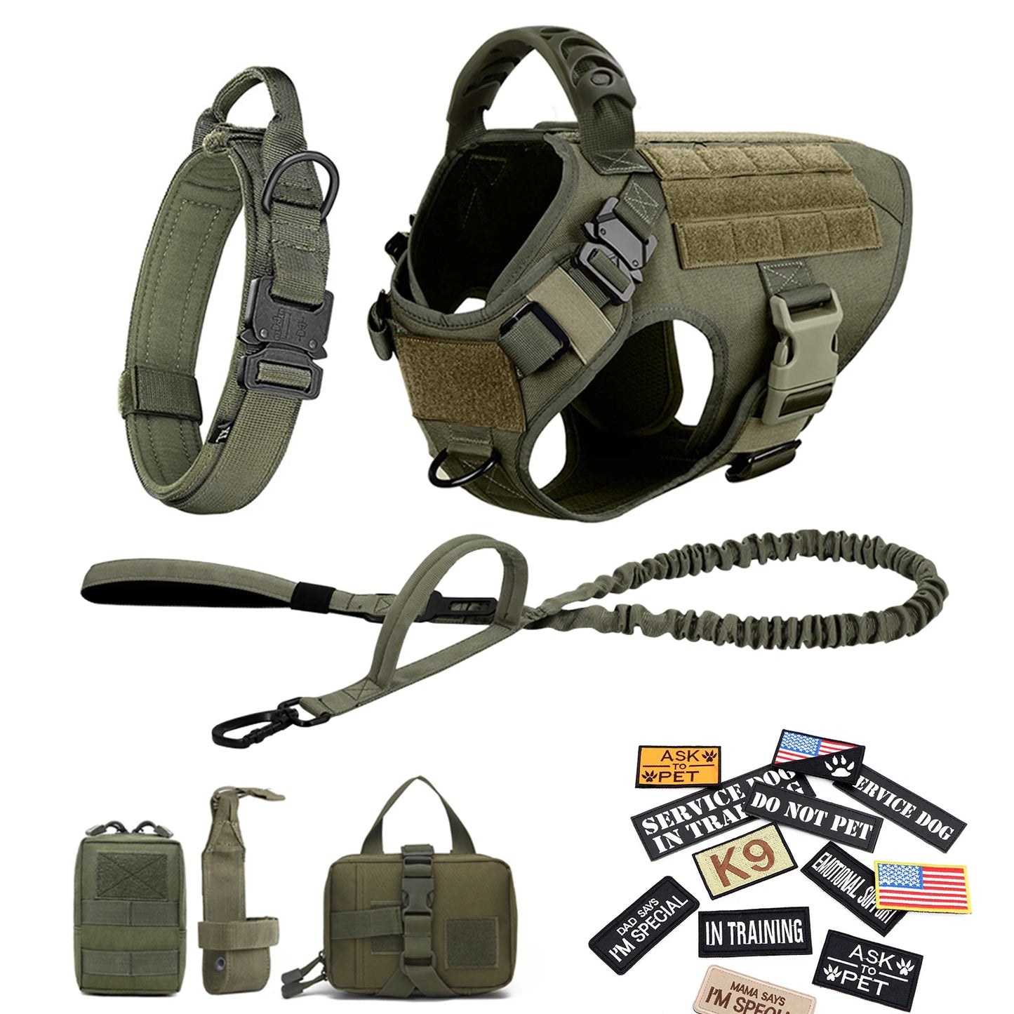 Military Large Dog Harness Collar Leash Bags Patches Set Pet Malinois Training Vests Dogs Harnesses Accessories