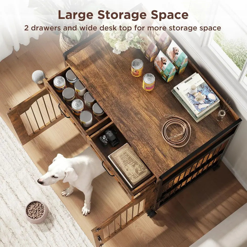 Wooden Dog Crate Furniture End Table With Storage Drawers For Small Dogs