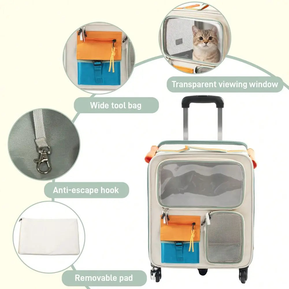 Trolley Pet Cat Bag Cat Carrier With Wheels, Airline Approved Pet Carrier With Telescopic Handle, Polyester Rolling Dog Cat Car