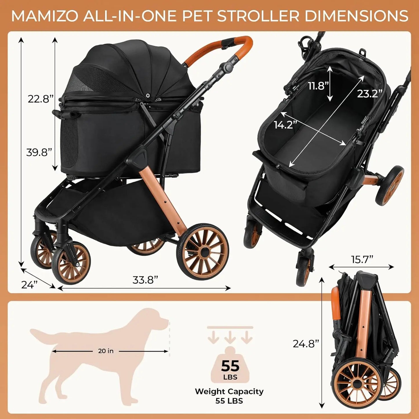 Pet Dog Stroller for Small Medium Dogs 10-30 lbs, Foldable Cat-Strollers Removable Carrier, Pet-Strollers w/ Storage Bag
