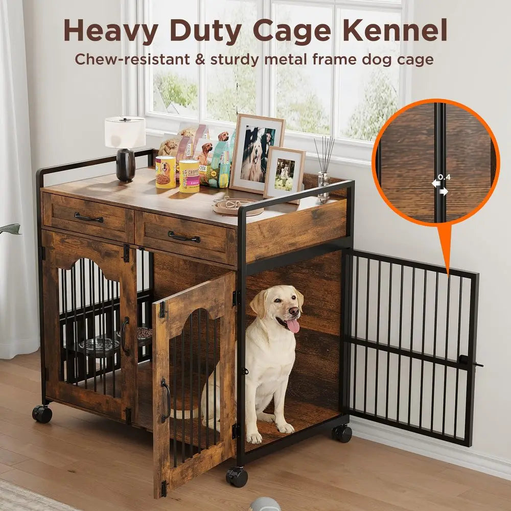 Wooden Dog Crate Furniture End Table With Storage Drawers For Small Dogs