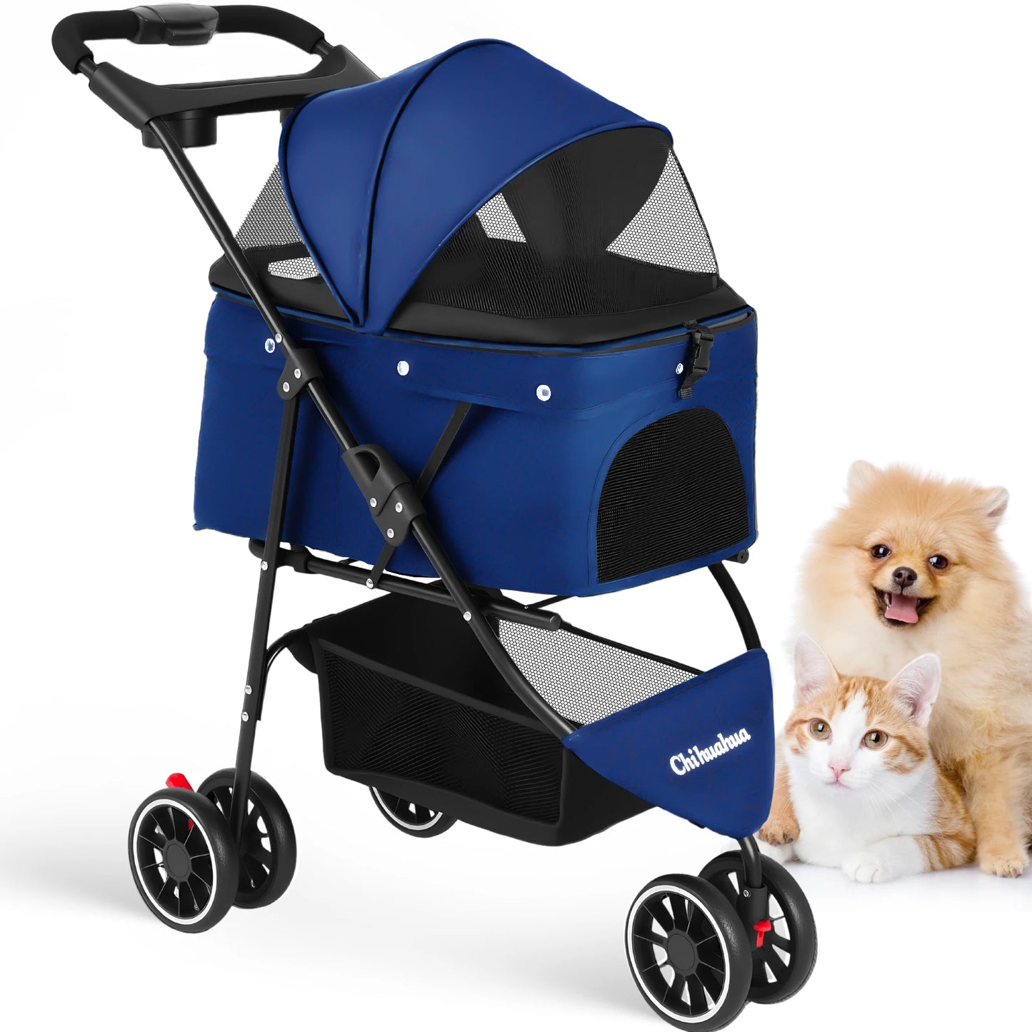 Portable Foldable Pet Stroller for Small Dogs & Cats, Travel Carrier with Canopy, Storage Basket