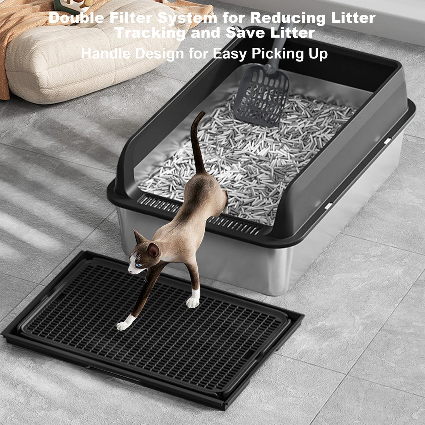 TWISTER.CK Stainless Steel Cat Litter Box With Lid High Sides For Big Cats
