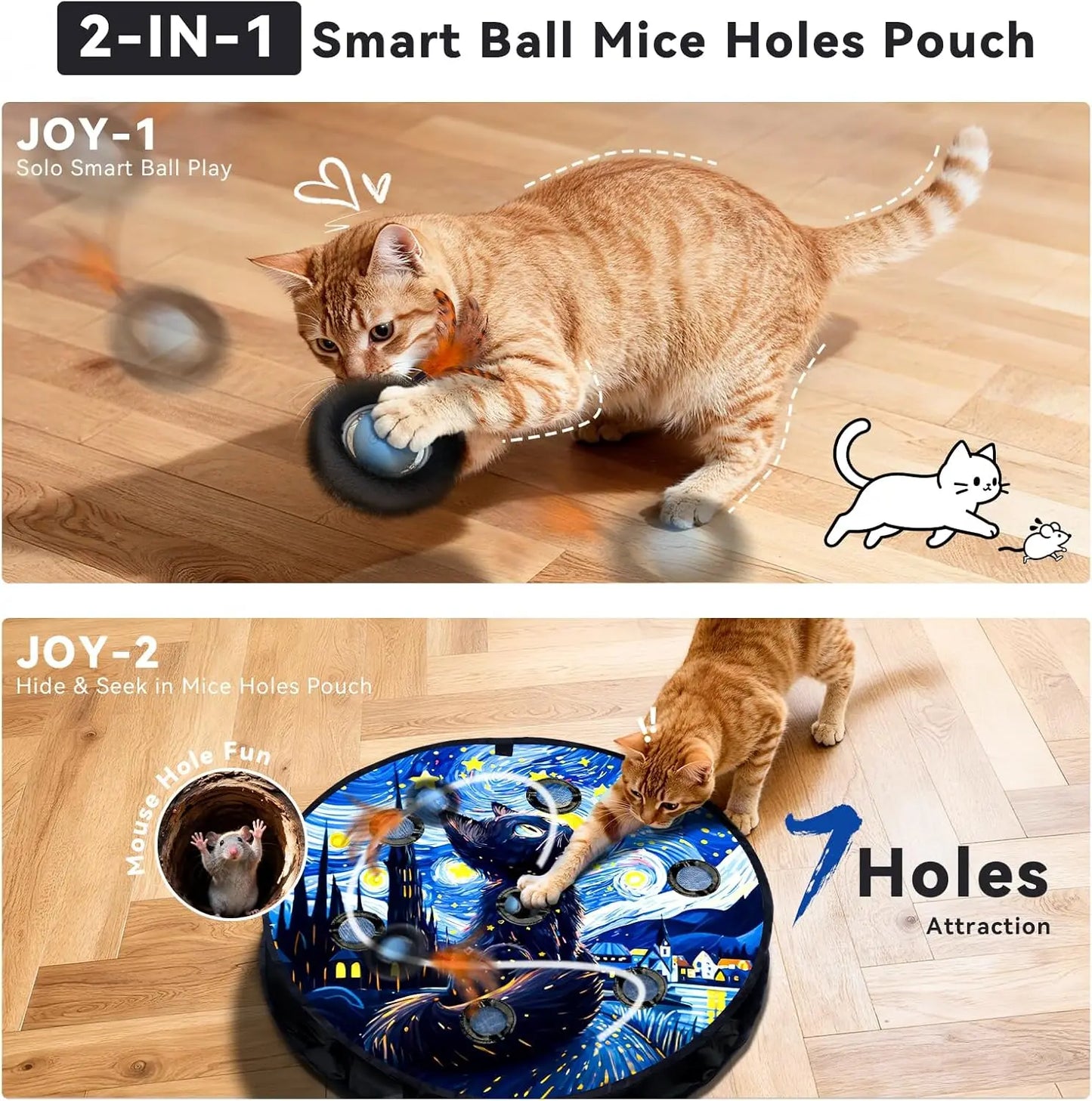 Interactive Cat Toy with Motion Ball & Play Mat, Hide Seek Exercise Game for Indoor Cats, Rechargeable Moving Ball