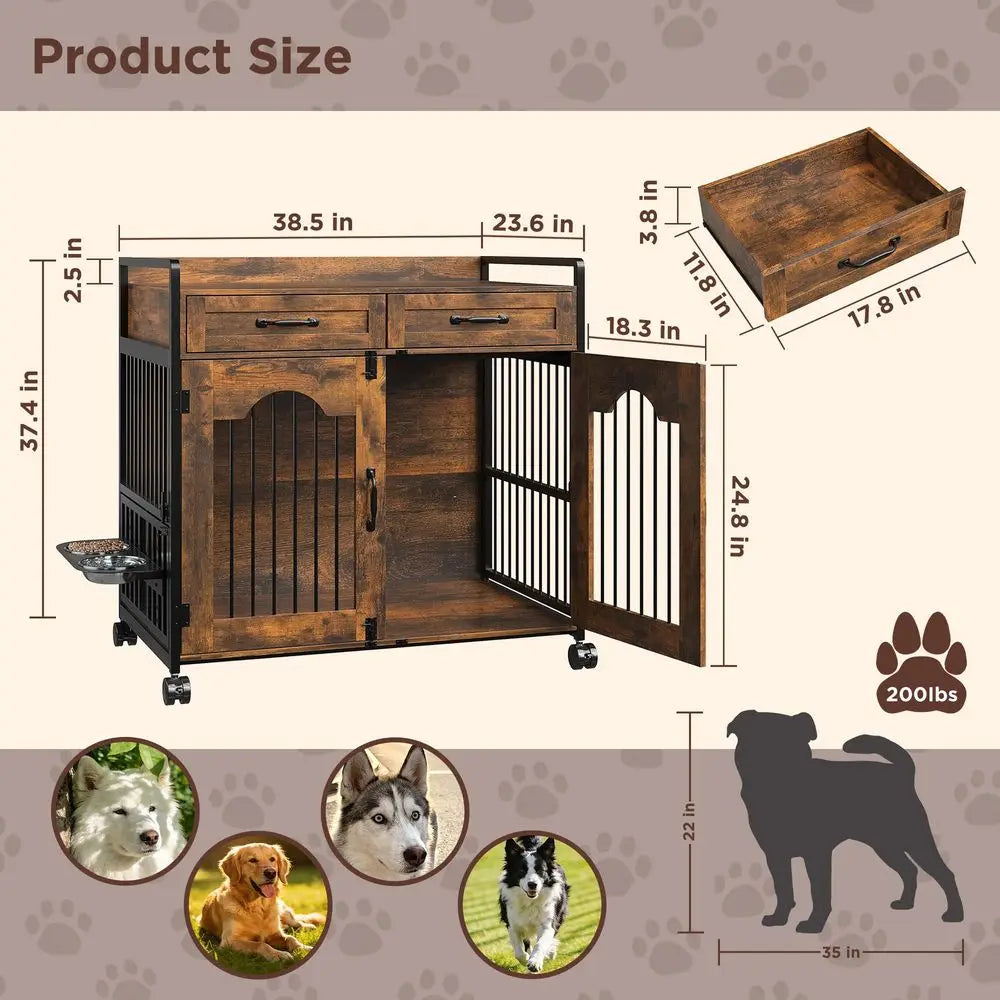 Wooden Dog Crate Furniture End Table With Storage Drawers For Small Dogs