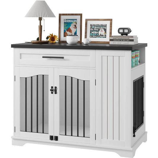 44 Inch Furniture Style Dog Crate Heavy Duty Wooden Dog Kennel With Drawer Side Storage & Built-in Feeding Station For Pets