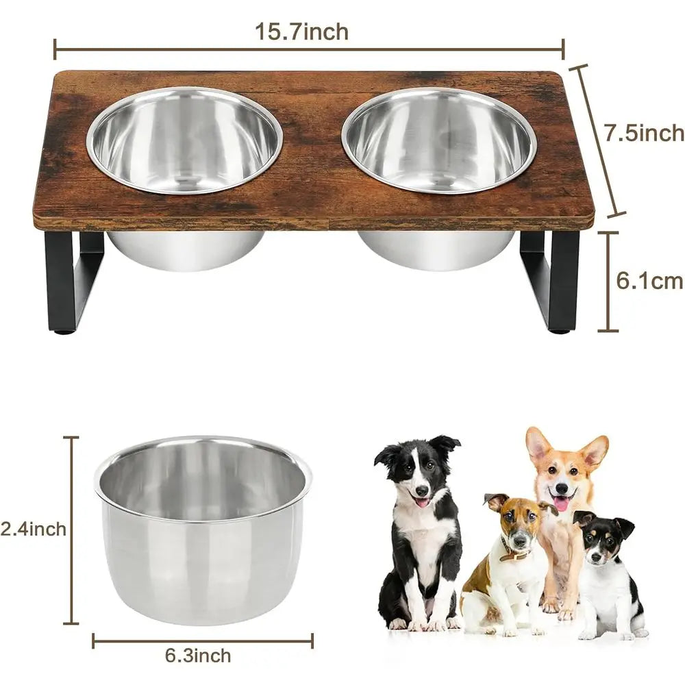 Elevated Wood Dog Feeding Stand Stainless Steel Bowls Anti Vomiting