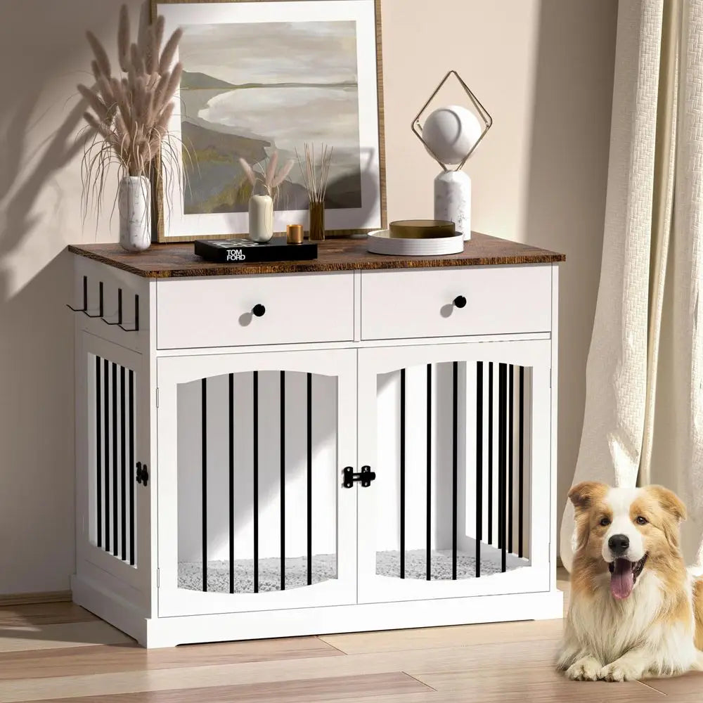 MultiFunction Wooden Dog Kennel End Table With Double Doors