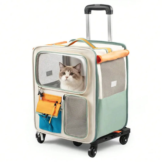 Trolley Pet Cat Bag Cat Carrier With Wheels, Airline Approved Pet Carrier With Telescopic Handle, Polyester Rolling Dog Cat Car