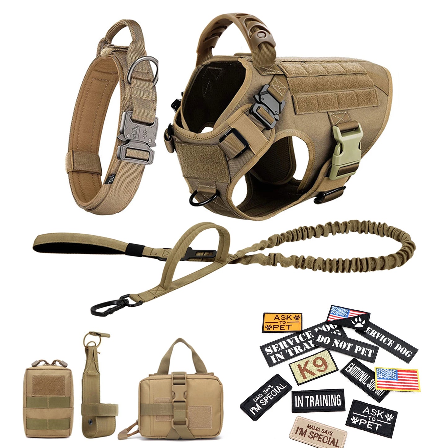 Military Large Dog Harness Collar Leash Bags Patches Set Pet Malinois Training Vests Dogs Harnesses Accessories