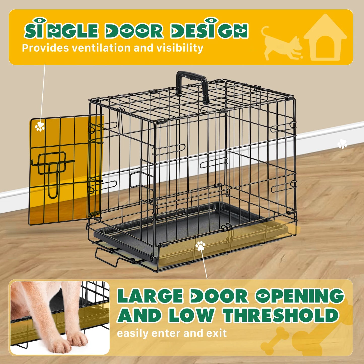 JHK Single Door Dog Crate Metal Kennel With Foldable Tray