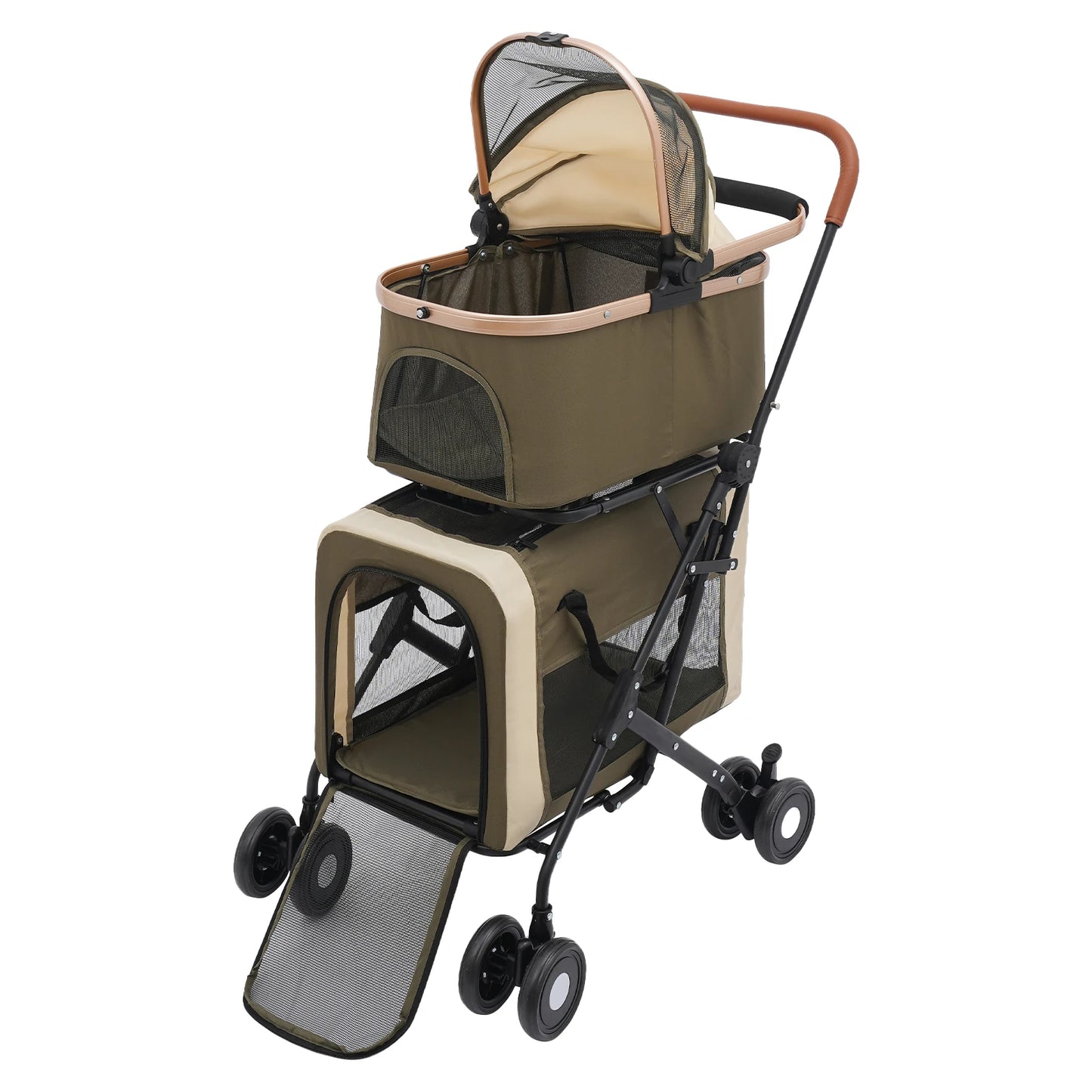 (Dark Green) 2-Tier Foldable Pet Stroller, Dog & Cat Carrier, Detachable Pet Stroller for Cats, Small & Medium Dogs, Load 77 lbs