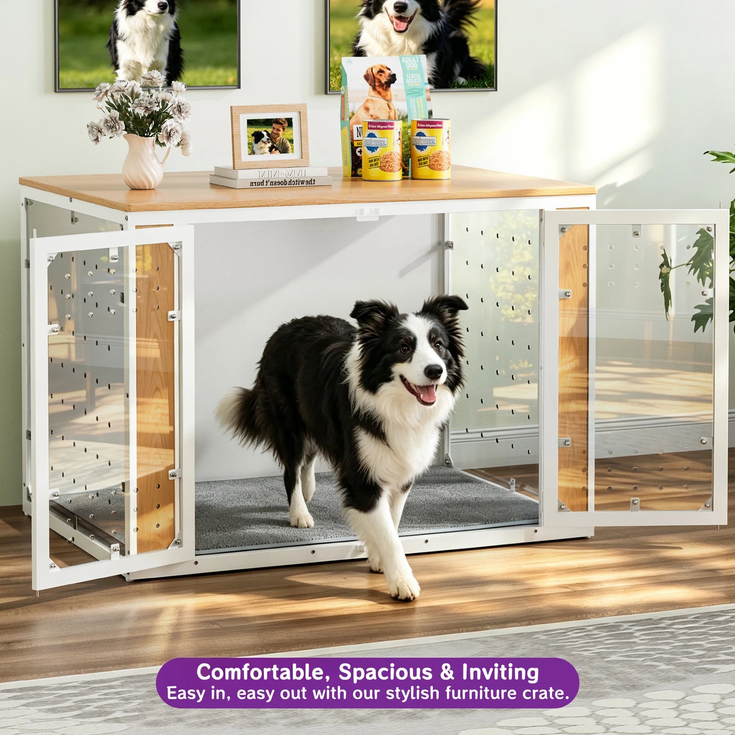Modern Acrylic Dog Crate Furniture End Table With Wood Top